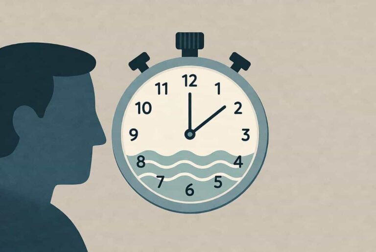 Illustration with a stopwatch icon and calm wave lines