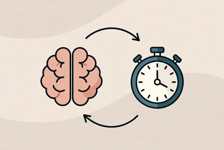 Illustration of a brain icon connected to a stopwatch with circular arrows