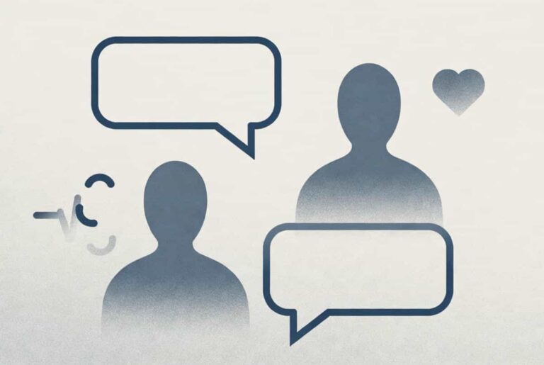 Illustration of two silhouettes with speech bubbles and calm wave lines